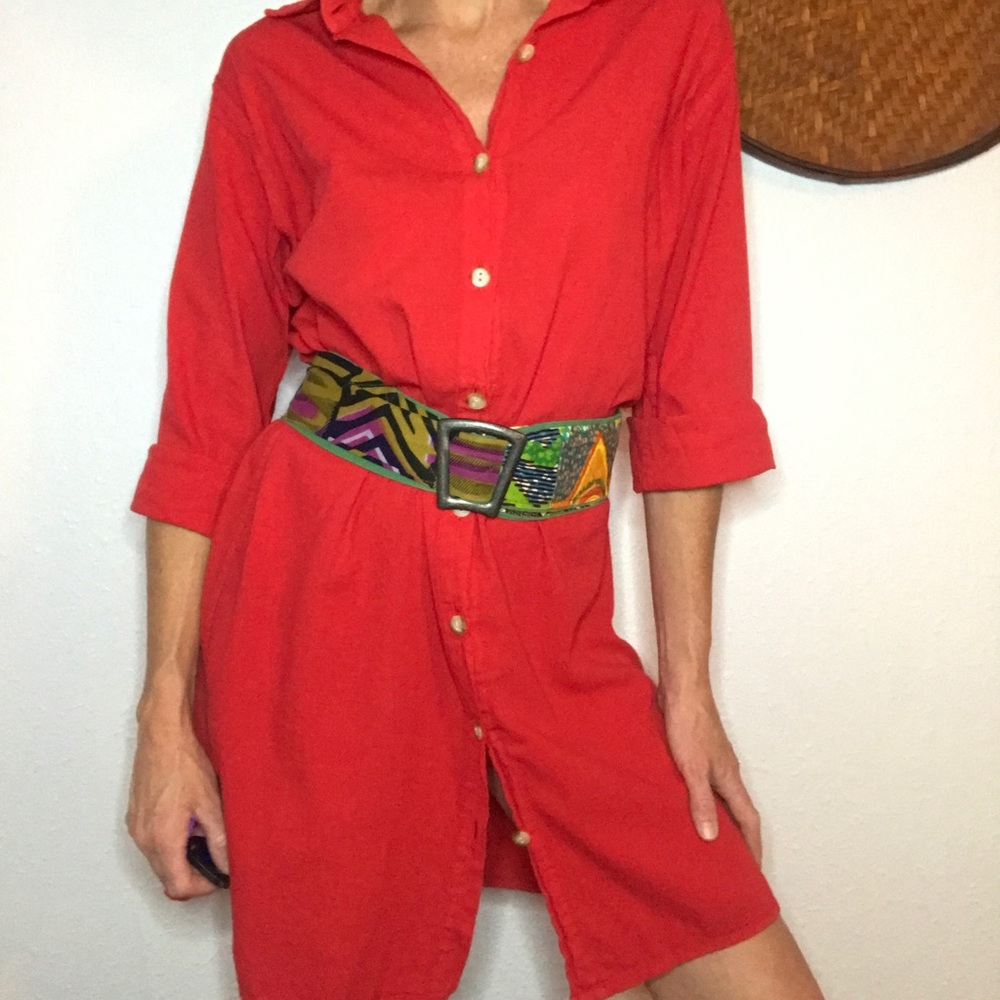 🎈VTG 80s red button down collared shirt dress